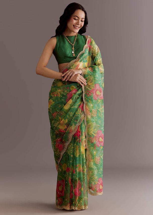 Green Organza Saree With Floral Print And Embellished Border