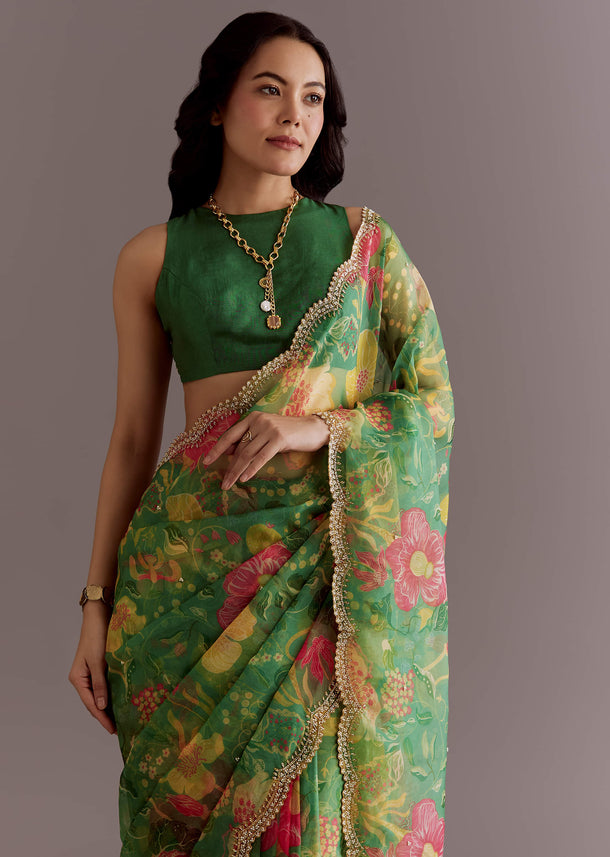Green Organza Saree With Floral Print And Embellished Border