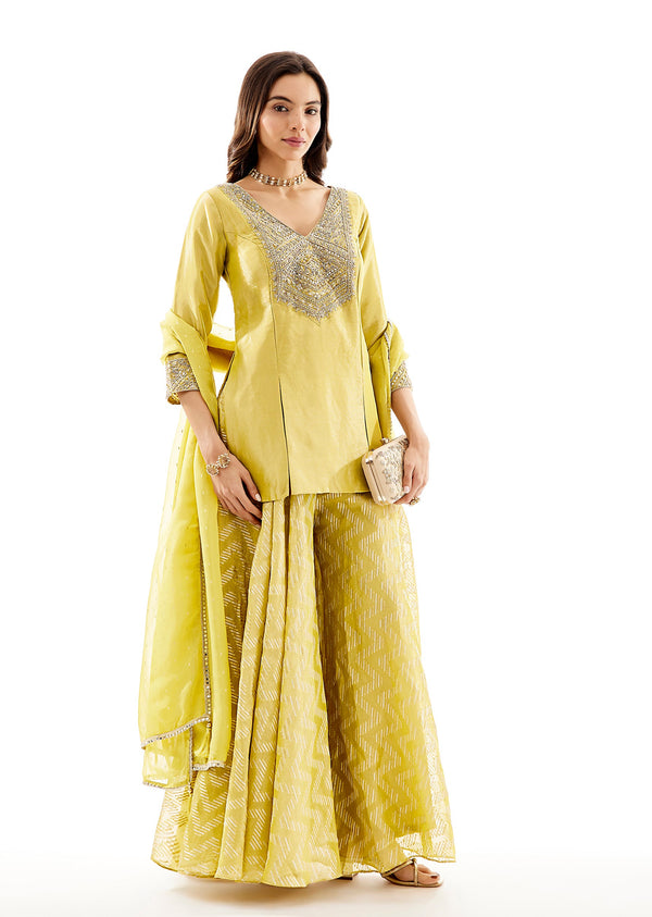 Green Organza Short Kurti Dupatta Set With Zardosi Yoke