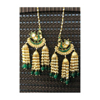 Green Pachi Kundan Chandelier Earrings In Peacock Motif With Green Beads And Pearl Tassels Online - By Kripa Pranay