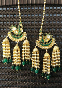 Green Pachi Kundan Chandelier Earrings In Peacock Motif With Green Beads And Pearl Tassels Online - By Kripa Pranay