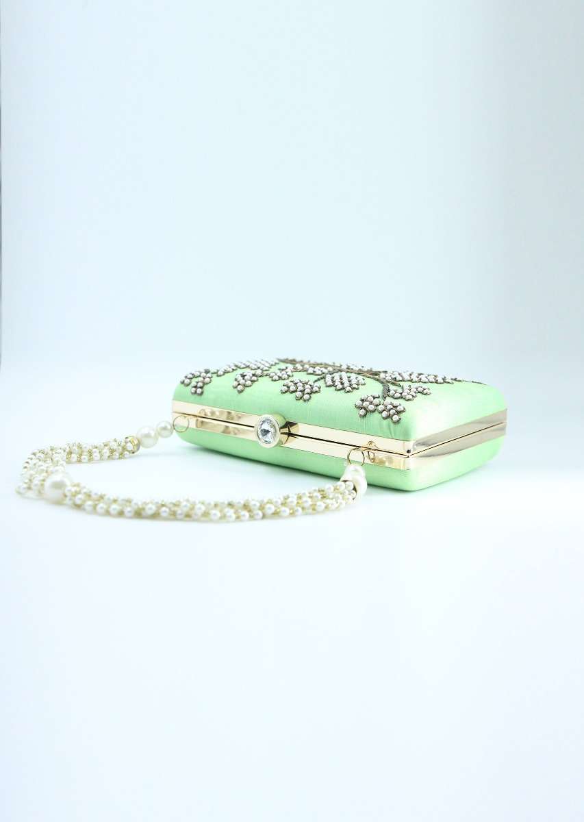 Green pearl beaded hand embroidered clutch
