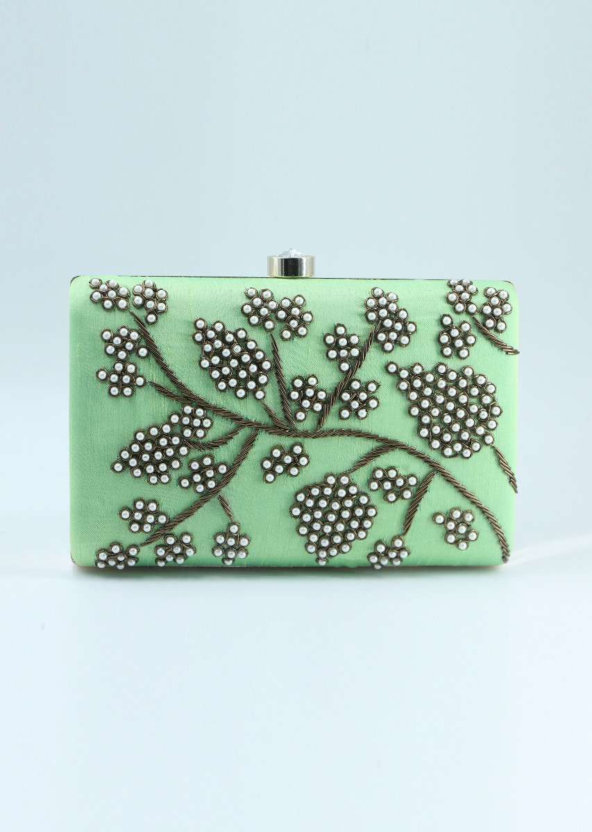 Green pearl beaded hand embroidered clutch