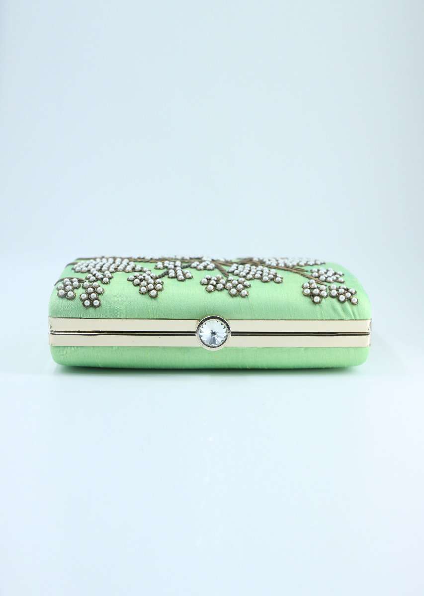 Green pearl beaded hand embroidered clutch