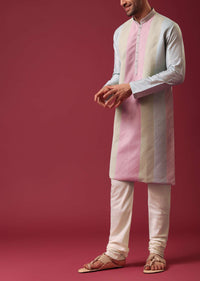 Green Pintuck Colorblock Kurta Set in Silk