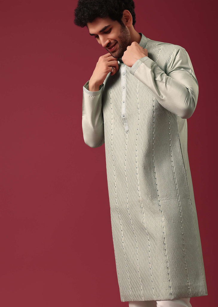 Green Pintuck Kurta Set in Silk