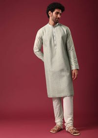 Green Pintuck Kurta Set in Silk