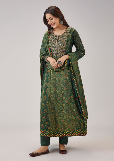 Green Printed Chanderi Handwork Anarkali