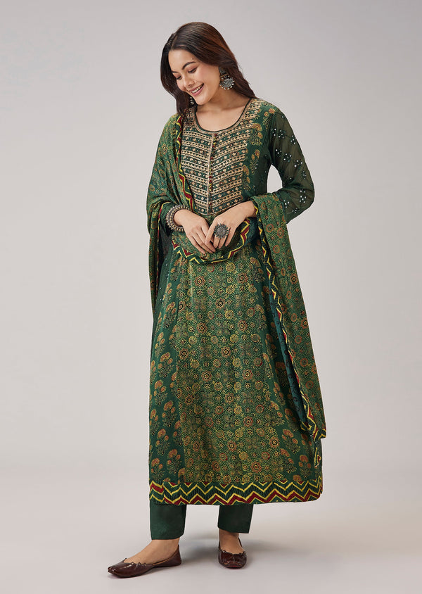 Green Hand Block Ajrakh Print Kurta Set With Zari Embroidered Yoke