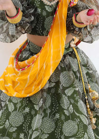 Kalki Girls Green Printed Lehenga And Blouse In Organza With Yellow Lehariya Dupatta Online - Kalki Fashion