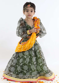 Kalki Girls Green Printed Lehenga And Blouse In Organza With Yellow Lehariya Dupatta Online - Kalki Fashion