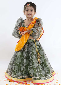 Kalki Girls Green Printed Lehenga And Blouse In Organza With Yellow Lehariya Dupatta Online - Kalki Fashion