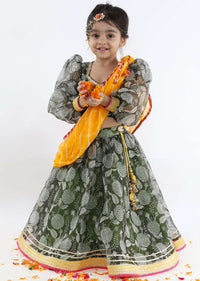 Kalki Girls Green Printed Lehenga And Blouse In Organza With Yellow Lehariya Dupatta Online - Kalki Fashion