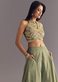 Green Raw Silk Croptop With Zardosi Work Palazzo Suit