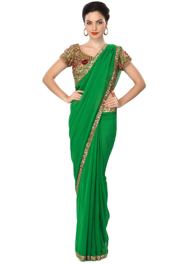 Majestic green saree embellished in sequin work only on Kalki