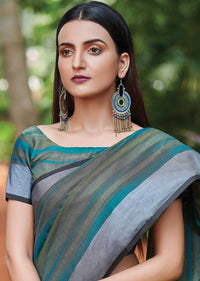 Green Saree In Kota Silk With Striped Pattern In Different Shades Of Green Online - Kalki Fashion