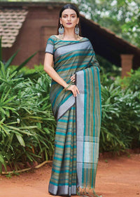 Green Saree In Kota Silk With Striped Pattern In Different Shades Of Green Online - Kalki Fashion