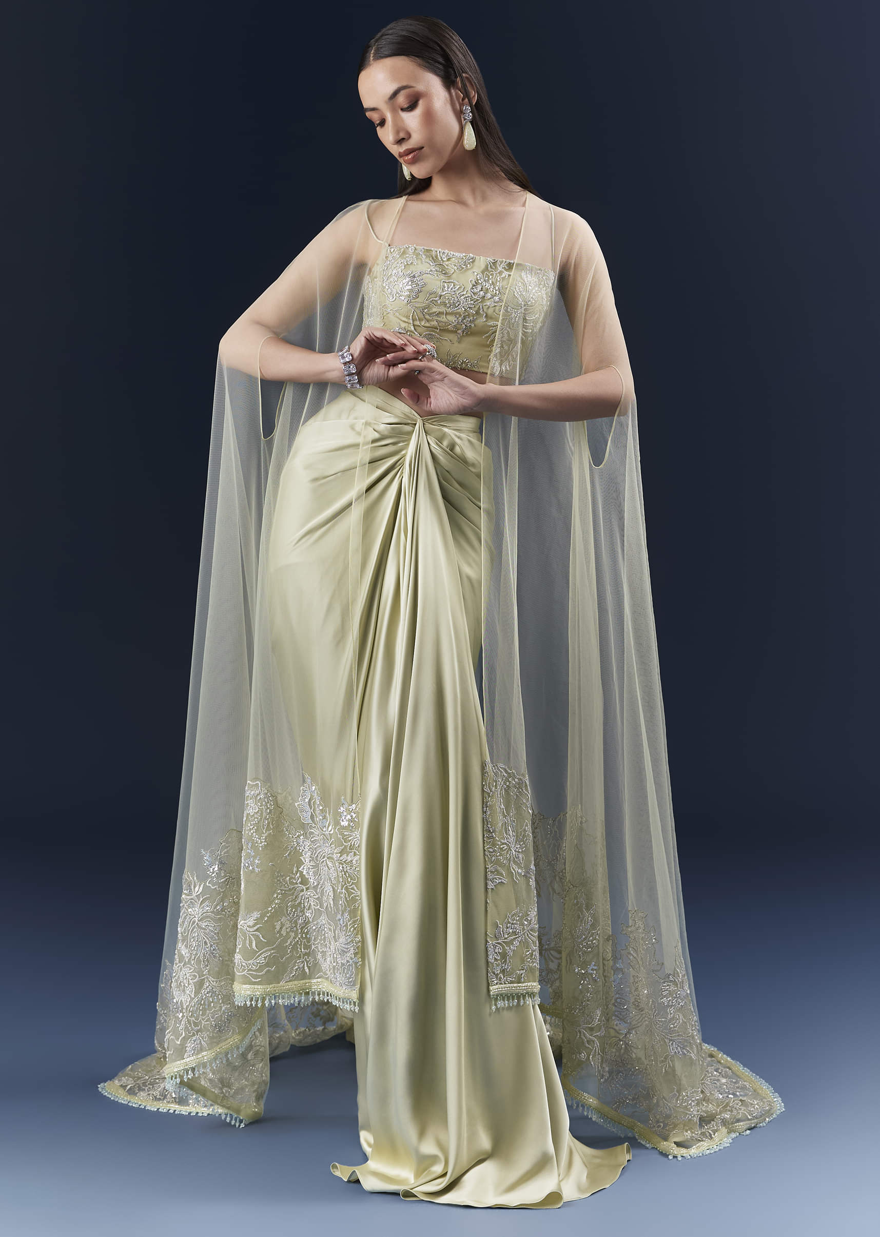 Green Satin Crop Top And Drape Skirt Set With Lace Work