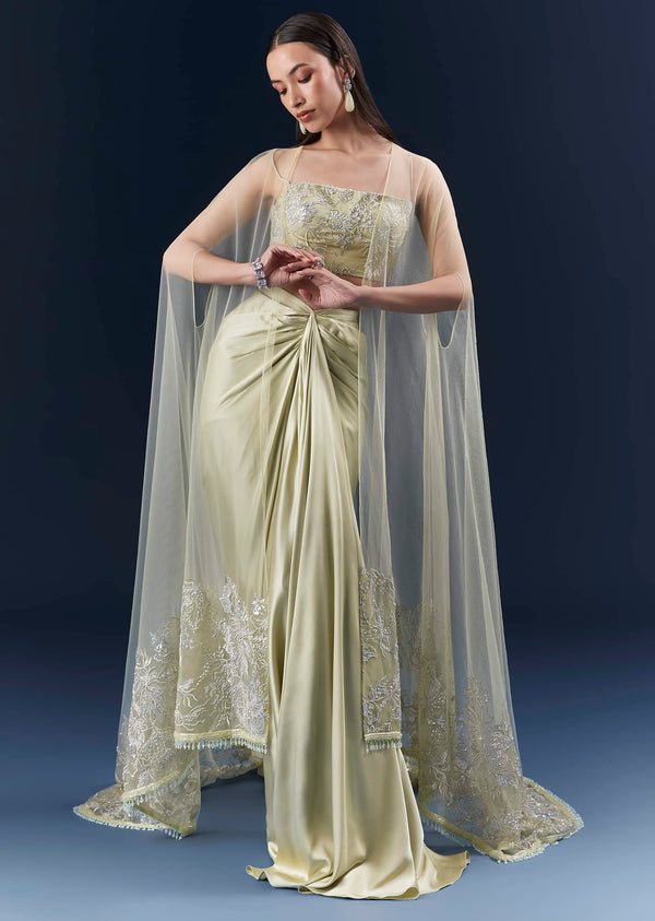 Green Satin Crop Top And Drape Skirt Set With Lace Work