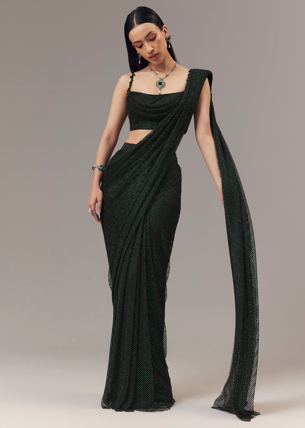 Green Satin Ready Pleated Indo Western Saree With Stone Detail Work