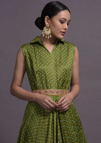Green Satin Silk Cowl Dress With Bandhani Print