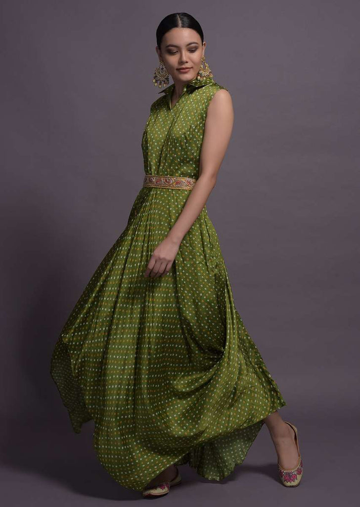 Green Satin Silk Cowl Dress With Bandhani Print
