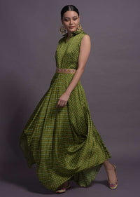 Green Satin Silk Cowl Dress With Bandhani Print