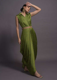 Green Satin Silk Cowl Dress With Bandhani Print