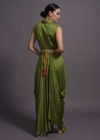 Green Satin Silk Cowl Dress With Bandhani Print