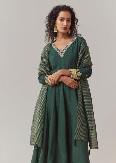 Green Sequin Embellished Silk Anarkali Set