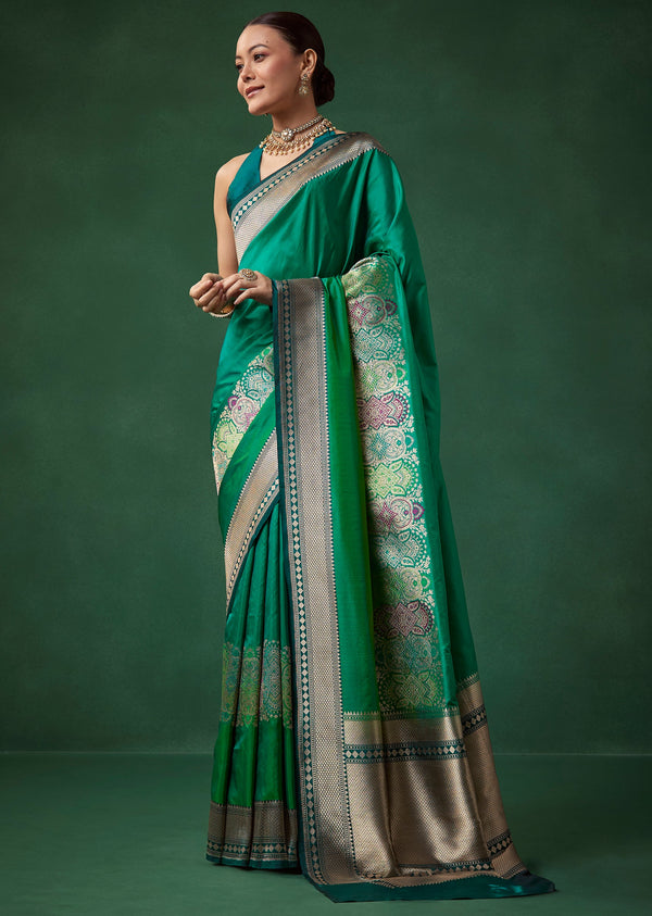 Green Shaded Banarasi Silk Saree with Unstitched Blouse