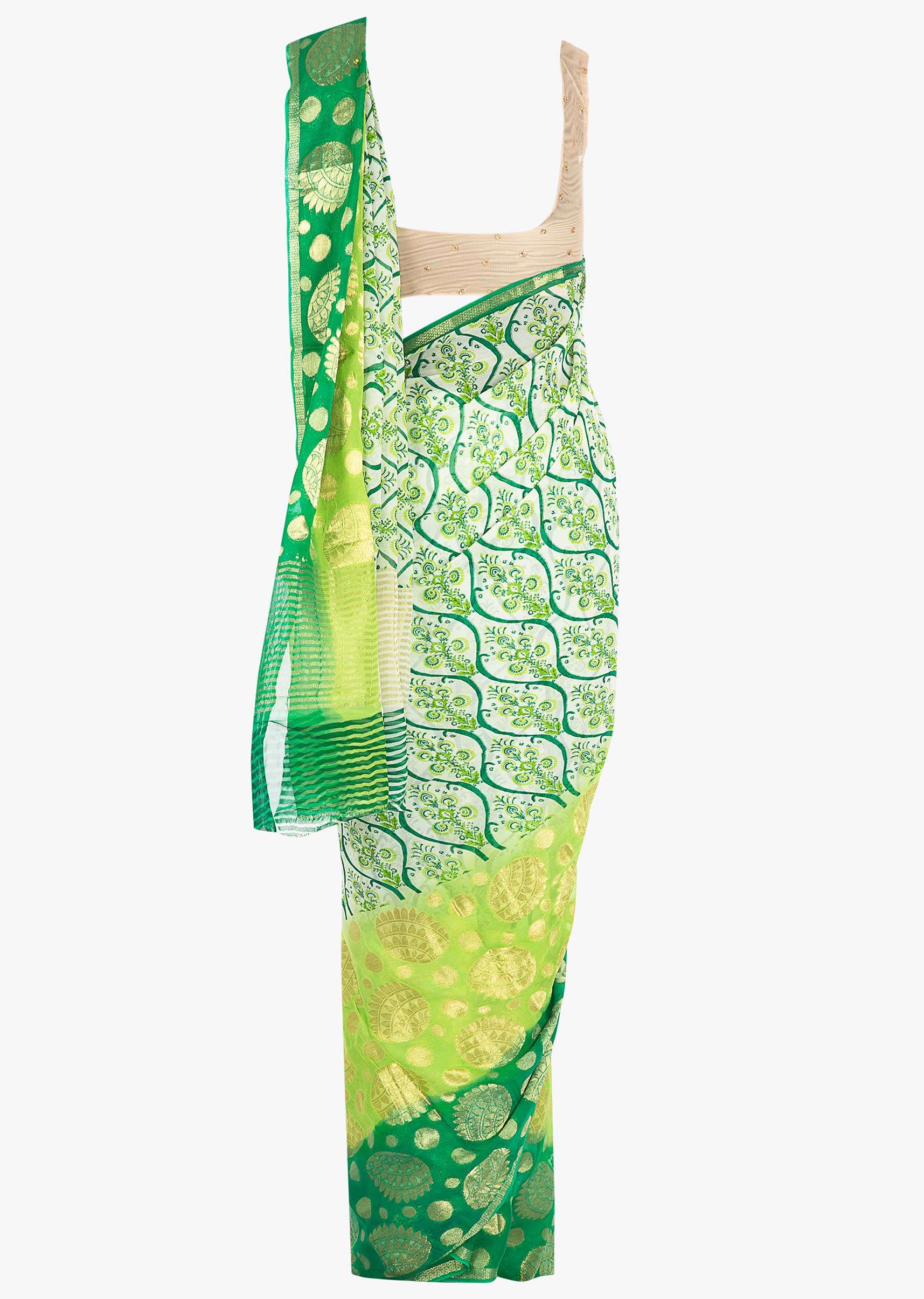 Green shaded georgette saree in ogee print and weaved work 