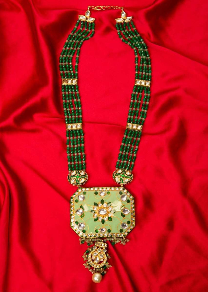 Green shaded multi string necklace with pista green pendant with meenakari work