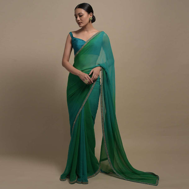 Green Shaded Plain Chiffon Saree With Heavy Cut Dana Embroidered Border Online Kalki Fashion