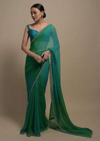 Green Shaded Plain Chiffon Saree With Heavy Cut Dana Embroidered Border Online Kalki Fashion