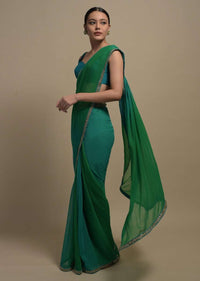 Green Shaded Plain Chiffon Saree With Heavy Cut Dana Embroidered Border Online Kalki Fashion