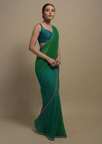 Green Shaded Plain Chiffon Saree With Heavy Cut Dana Embroidered Border Online Kalki Fashion