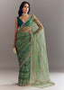 Green Shaded Tissue Saree With Cutwork Scallop Border