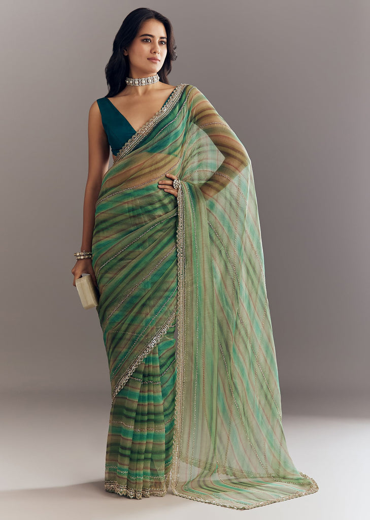 Green Shaded Tissue Saree With Cutwork Scallop Border