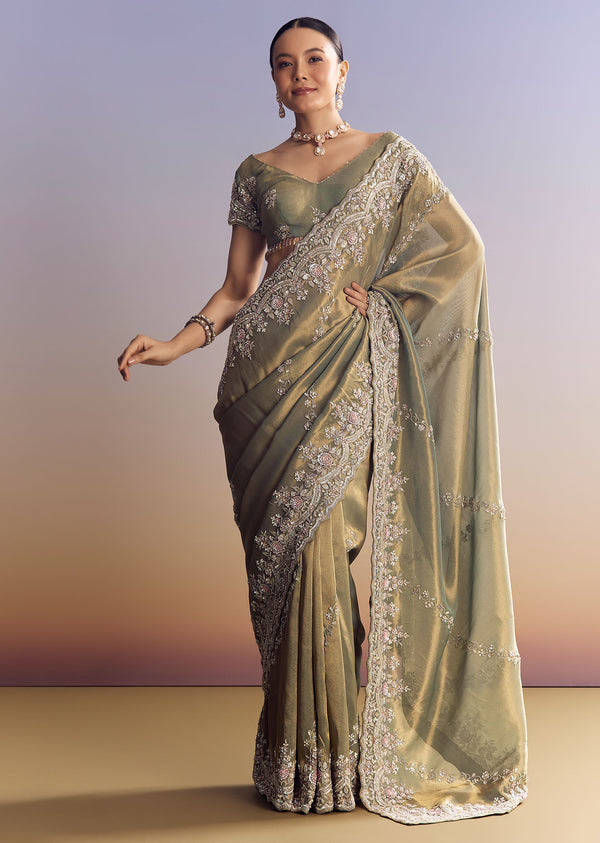 Green Shaded Tissue Saree With Embroidered Borders
