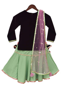 Green Sharara And Velvet Kurti With Gotta Lace And Tassels By Fayon Kids