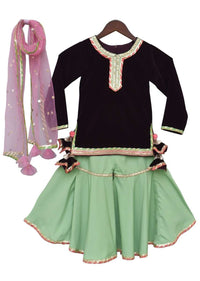 Green Sharara And Velvet Kurti With Gotta Lace And Tassels By Fayon Kids