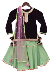 Green Sharara And Velvet Kurti With Gotta Lace And Tassels By Fayon Kids