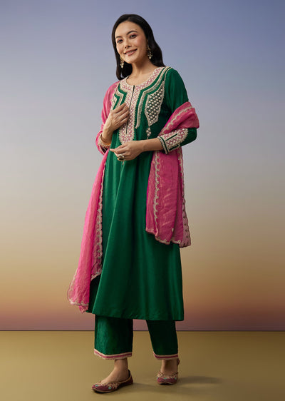 Green Silk Anarkali Suits with Moti and Sequins Work