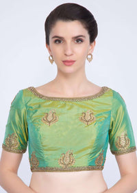 Green Silk Blouse With Embroidered Border And Paisley Butti Online - Kalki Fashion