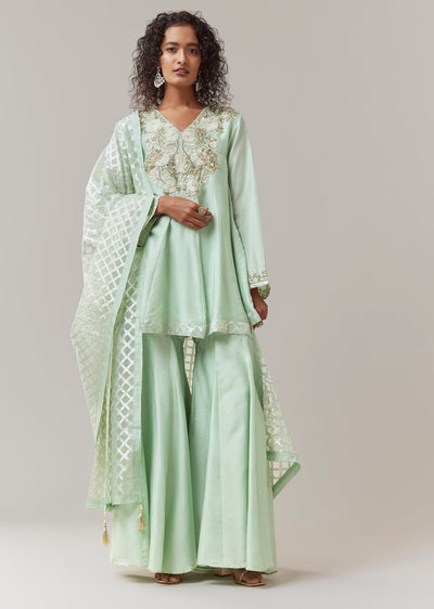 Green Silk Embroidered Kurta Sharara Set