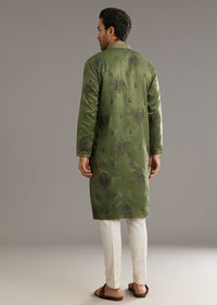 Green Silk Kurta Set With Printed Artwork