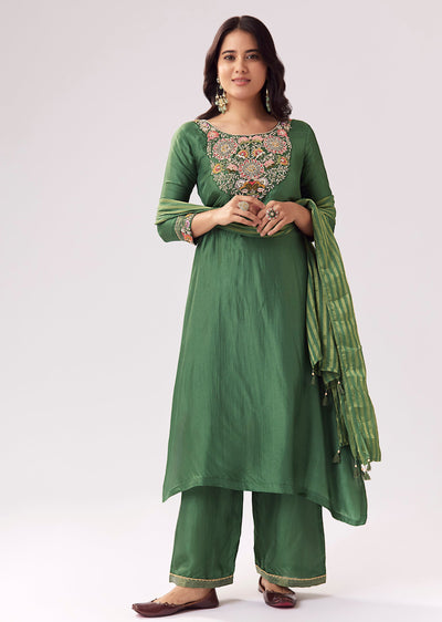Green Silk Palazzo Set With Zardozi Thread Work