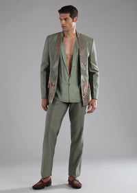 Green Silk Tuxedo Set with Mirror Work