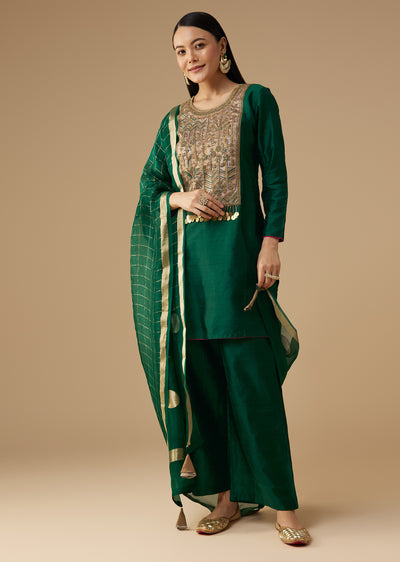 Green Pure Raw Silk Zardozi Embellished Kurta Set